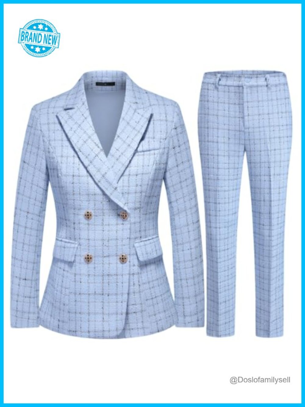 Women Plaid Suit Set Double Breasted Blazer and Straight Leg Pants Office Outfit